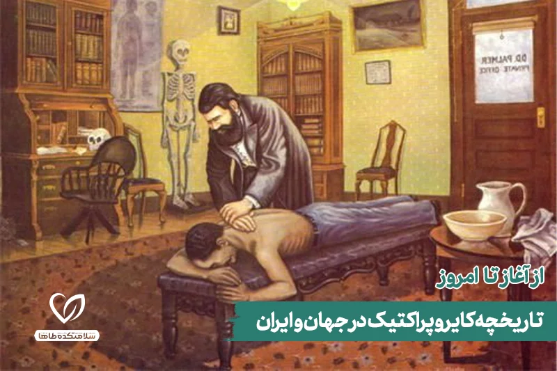 تاریخچه کایروپراکتیک در جهان و ایران یک نقاشی قدیمی از دنیل دیوید پالمر در حال انجام کایروپراکتیک روی کمر مردی در قرن نوزدهم.