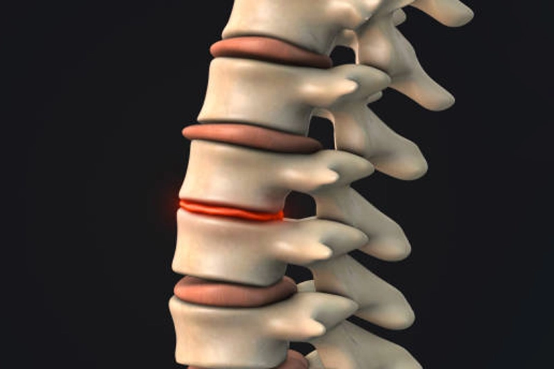 نمای شماتیک ستون فقرات که در آن فقط یک دیسک کم‌آب شده و بقیه دیسک‌ها سالم هستند.