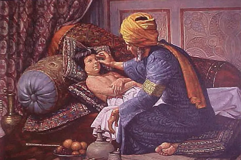 نقاشی معروف از ابنسینا در حال معاینه کودک یکی از اشرافزادهها