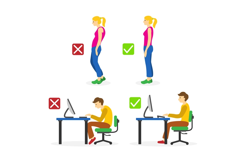 تصویری از اصلاح وضعیت بدن در نشستن و ایستادن برای پیشگیری از مشکلات اسکلتی.