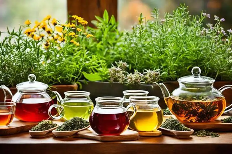 چند دمنوش گیاهی در قوری و فنجانها با گیاهان دارویی کنار آنها