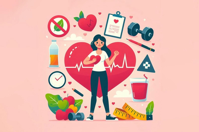تصویری از زن با نمادهای سبک زندگی سالم در اطراف او