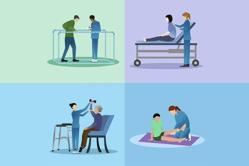 نمایش متخصصان مختلف از جمله کایروپراکتور، فیزیوتراپیست و استئوپات در حال درمان بیماران با منیپولیشن