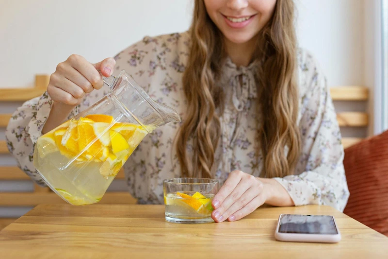 زنی که آب لیموی تازه با تکه‌های لیمو را از پارچ در یک لیوان می‌ریزد برای تسکین سردرد و آبرسانی بدن. 