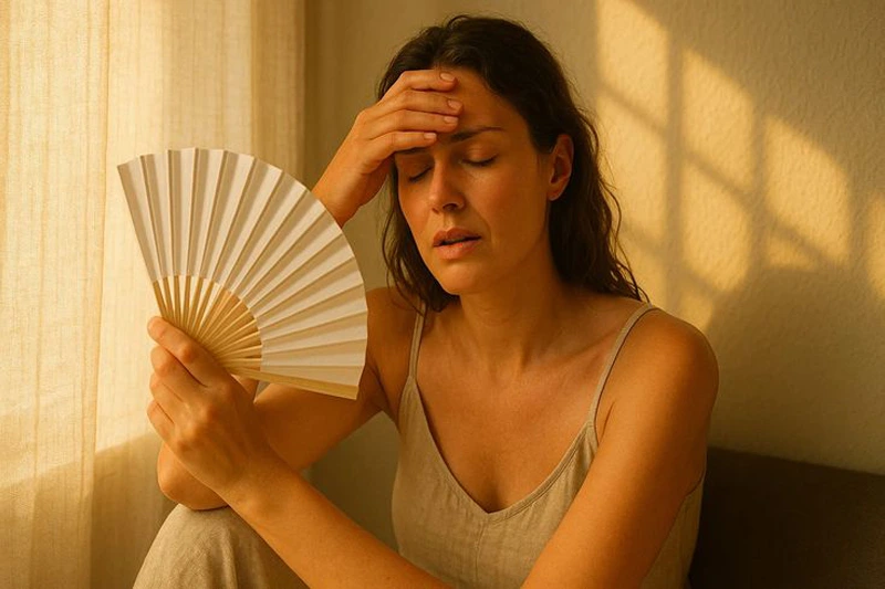 زنی که از گرما و سردردهای تنشی یا ناشی از کم‌آبی رنج می‌برد و با بادبزن خود را خنک می‌کند. 