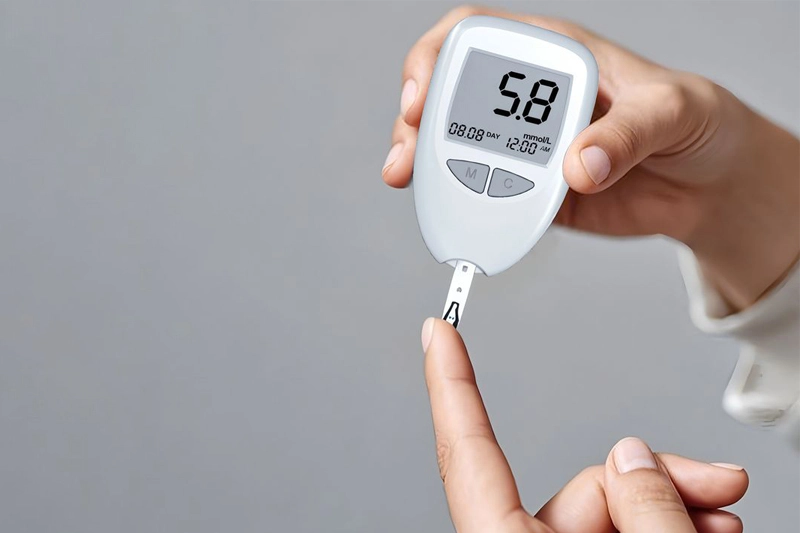زن در حال استفاده از گلوکومتر روی انگشتش برای اندازهگیری قند خون و ارزیابی تأثیر برنامه غذایی و ورزشی