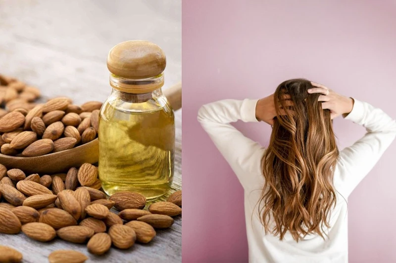 زنی که روغن بادام را به موهایش میمالد و درباره خواص بادام برای مو فکر میکند