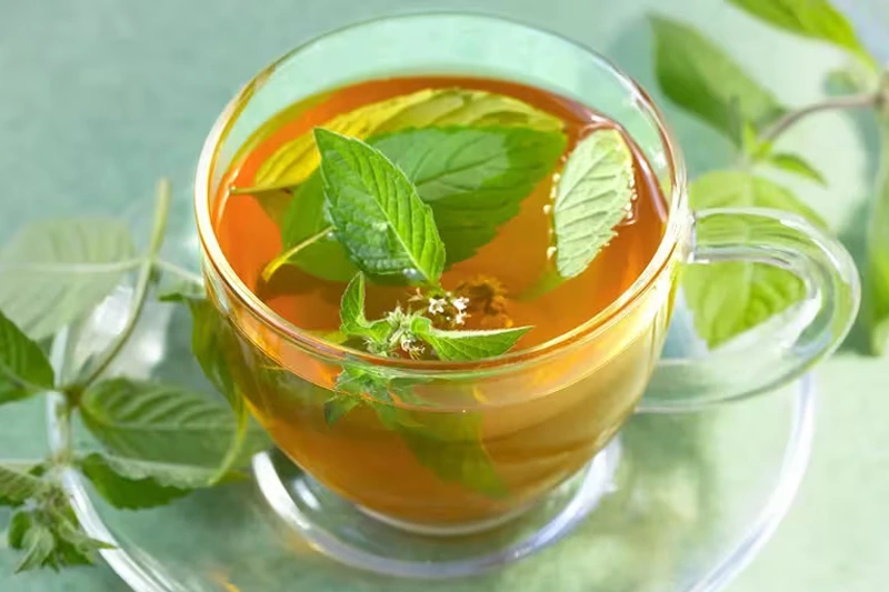 فنجان دمنوش نعناع با برگهای تازه نعناع روی سطح چای